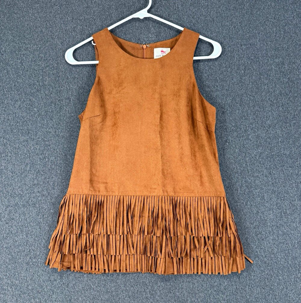 Julie Brown NYC Brown Suede Fringe Shift Dress Sleeveless Round Neck Zip Size 2